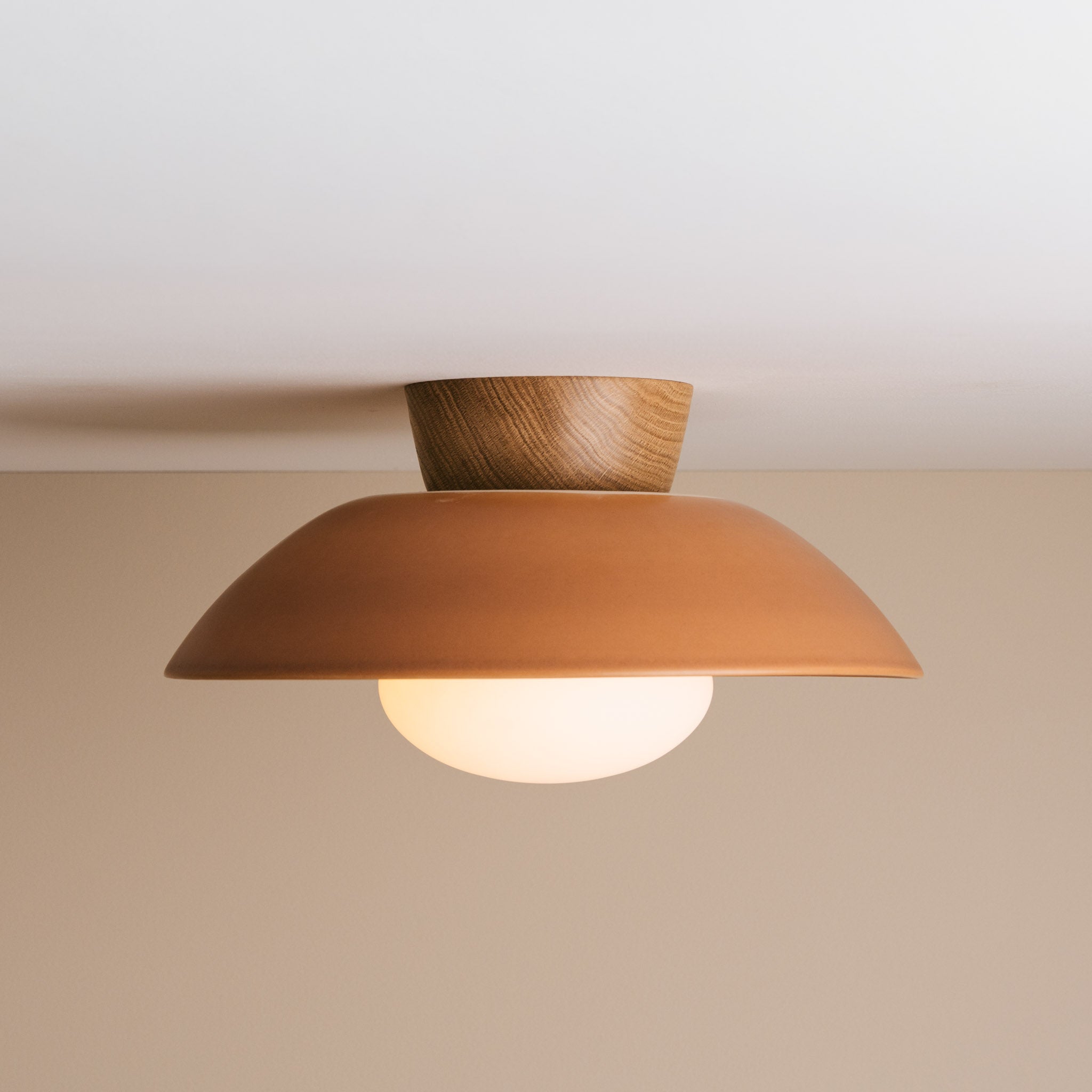 Terracotta Dawn Flush Mount Ceiling Light in Ceramic and Oak