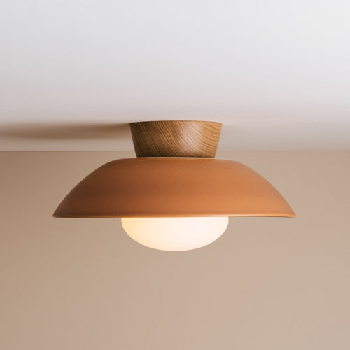 Terracotta Dawn Flush Mount Ceiling Light in Ceramic and Oak
