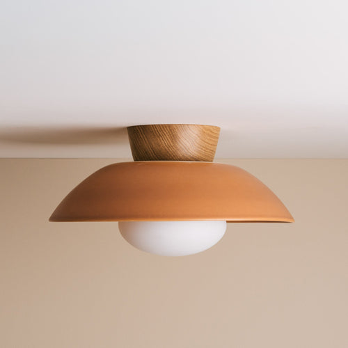 Terracotta Dawn Flush Mount Ceiling Light in Ceramic and Oak