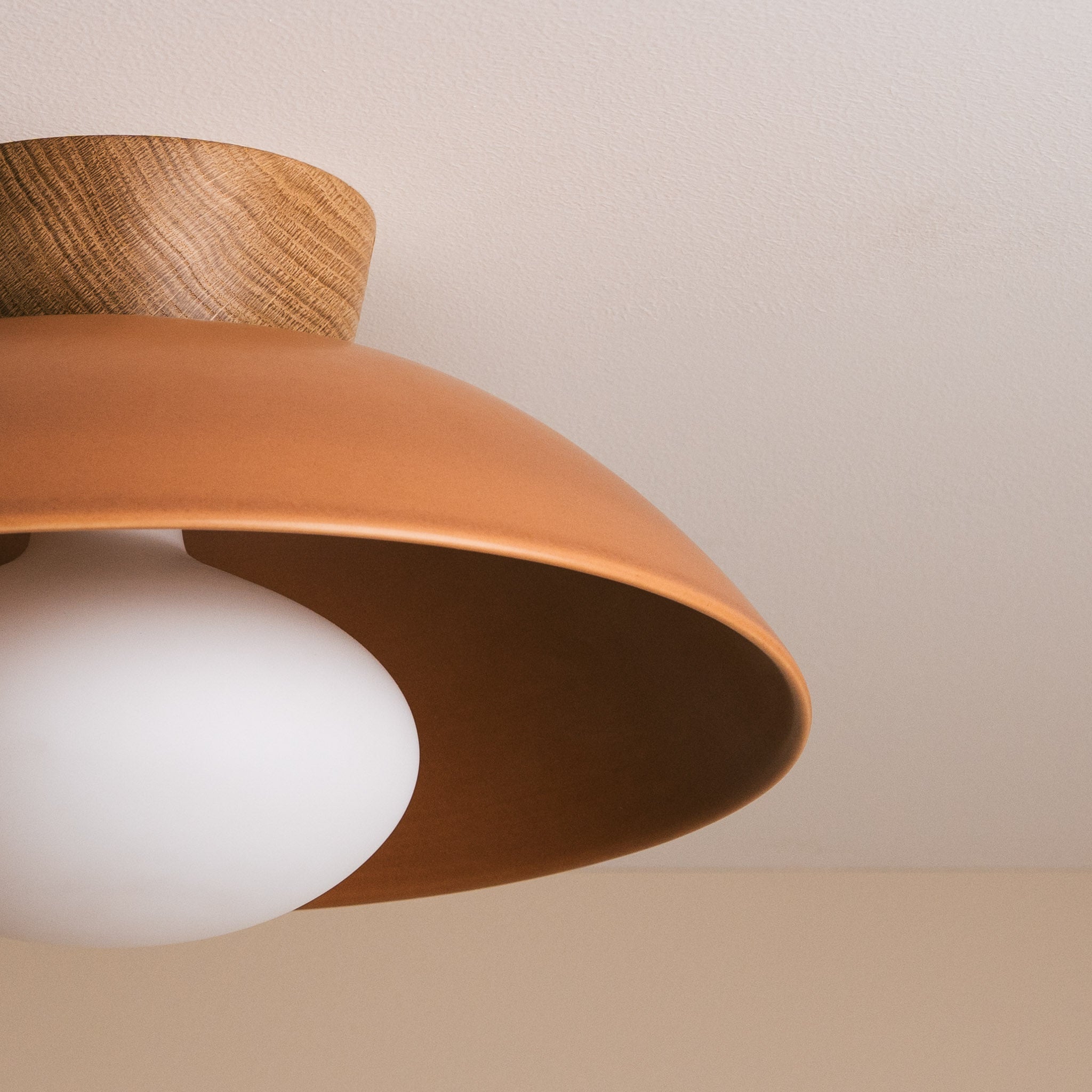 Terracotta Dawn Flush Mount Ceiling Light in Ceramic and Oak