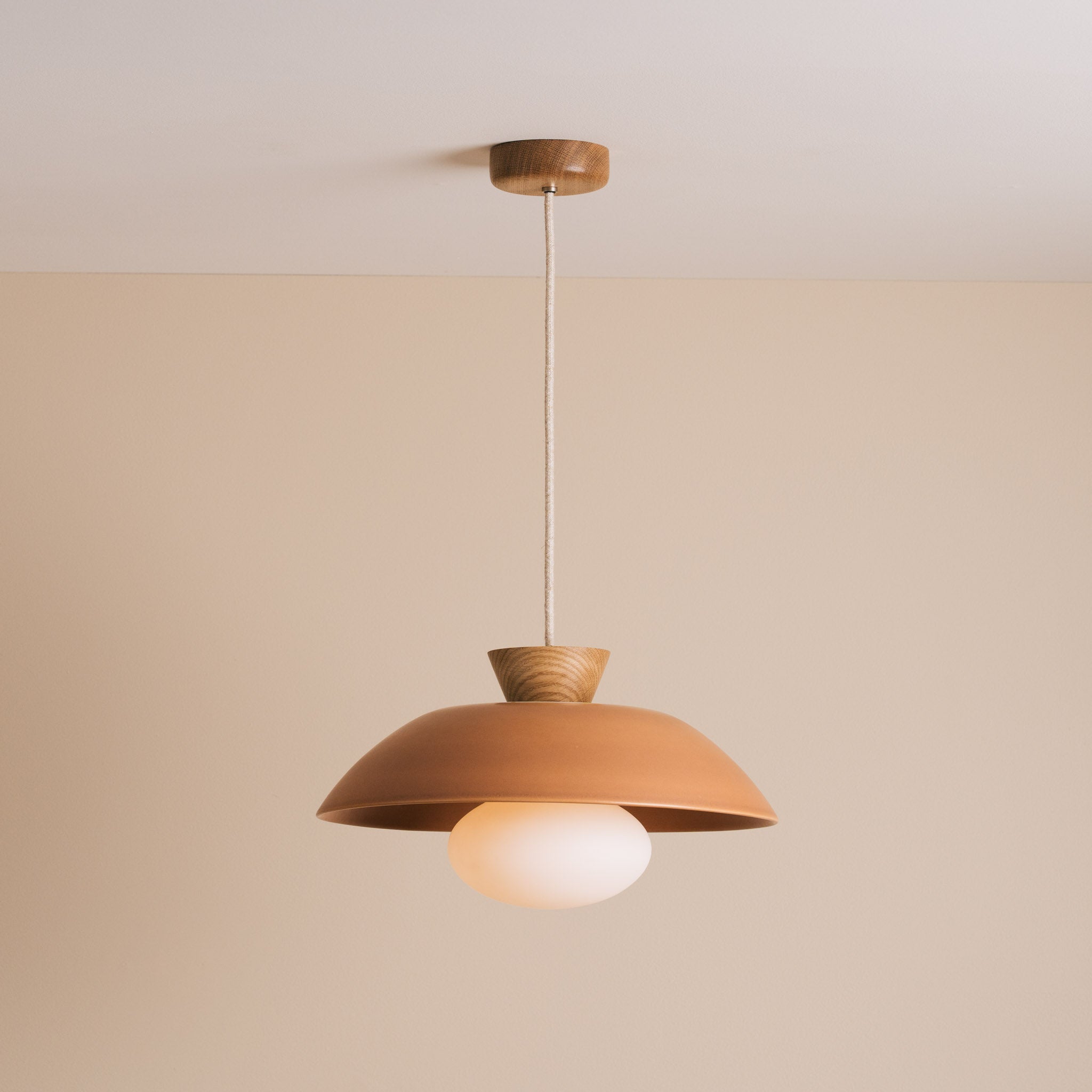 Terracotta Dawn Pendant Light in Ceramic and Oak
