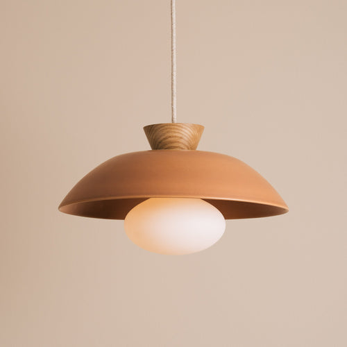 Terracotta Dawn Pendant Light in Ceramic and Oak