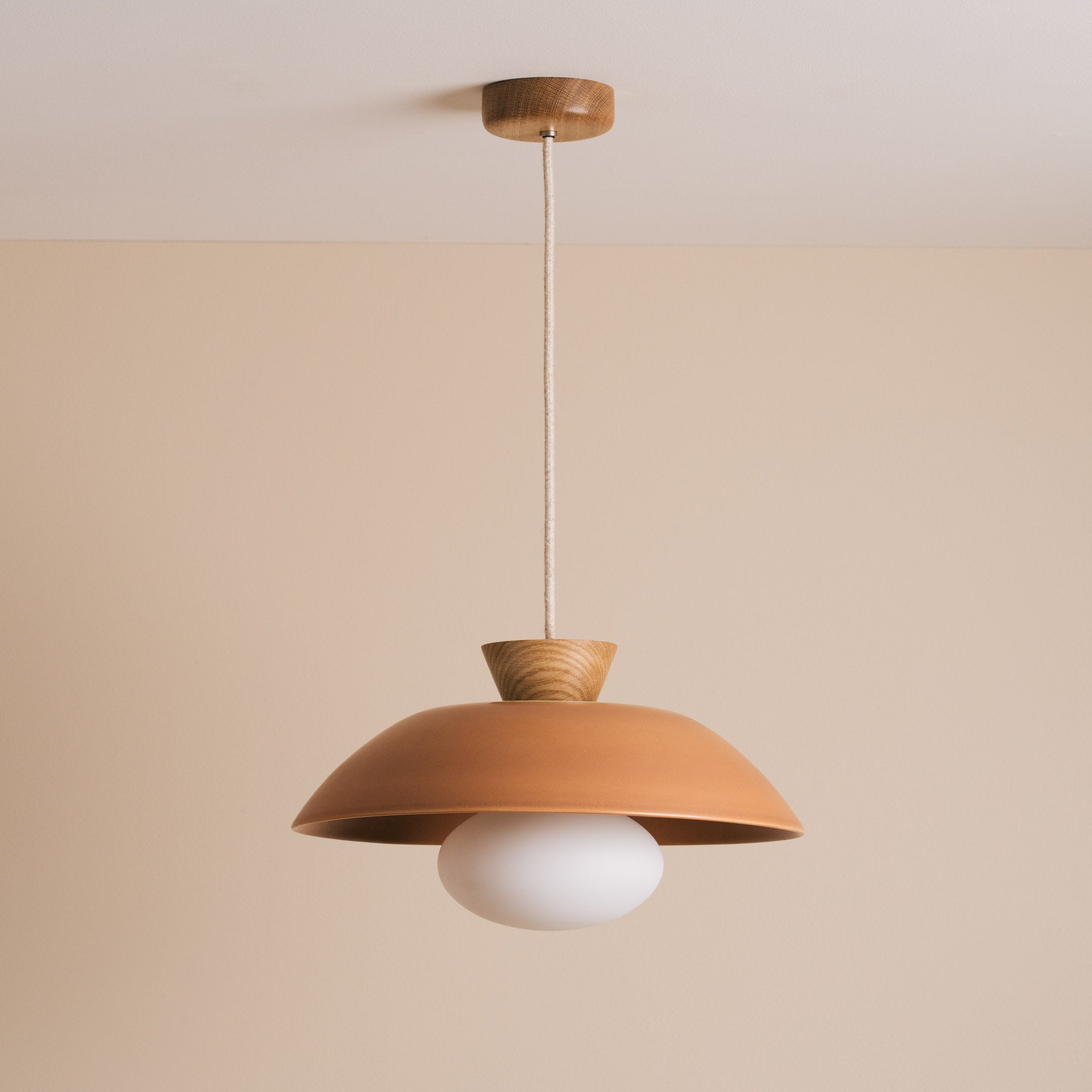 Terracotta Dawn Pendant Light in Ceramic and Oak