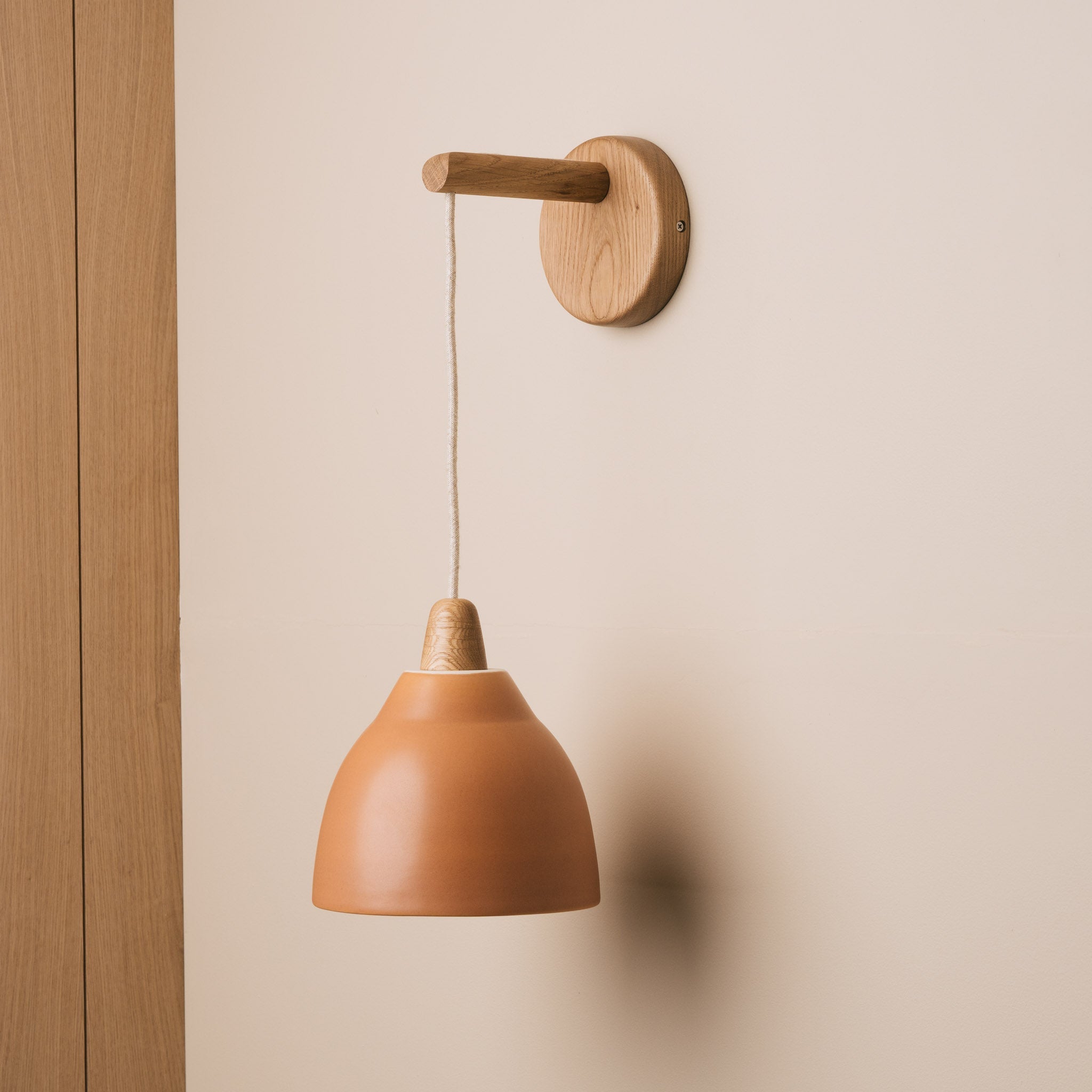 Terracotta Element Hanging Wall Light in Ceramic and Oak