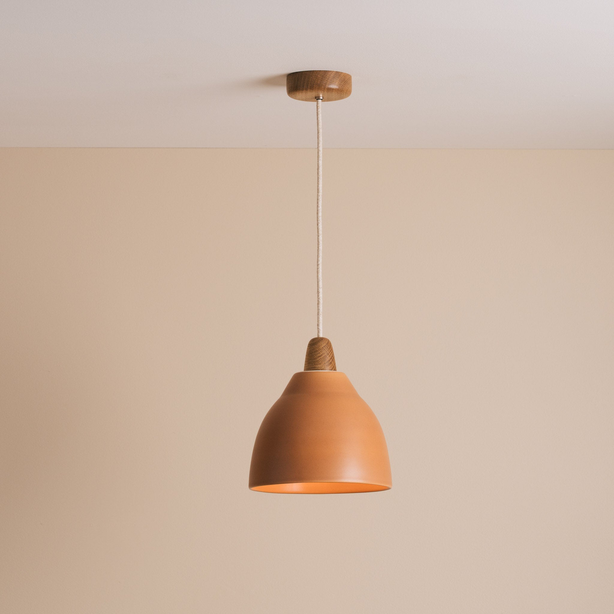 Terracotta Element Pendant Light in Ceramic and Oak