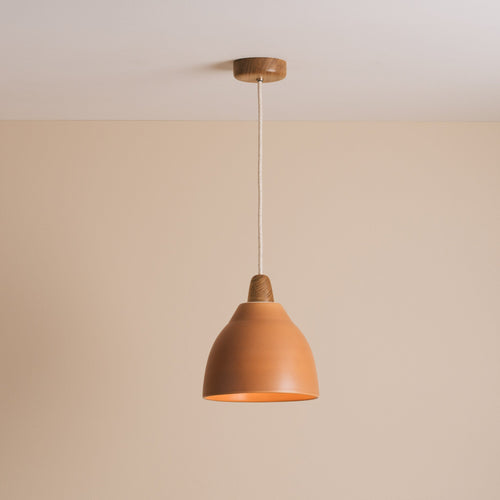 Terracotta Element Pendant Light in Ceramic and Oak