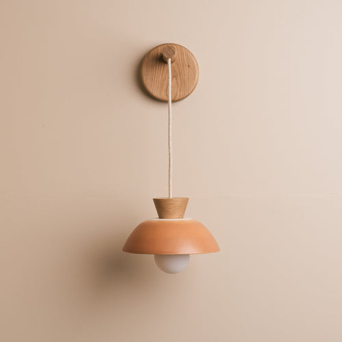 Small Dawn Hanging Wall Light in Ceramic and Oak - Terracotta