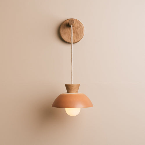 Small Dawn Hanging Wall Light in Ceramic and Oak - Terracotta