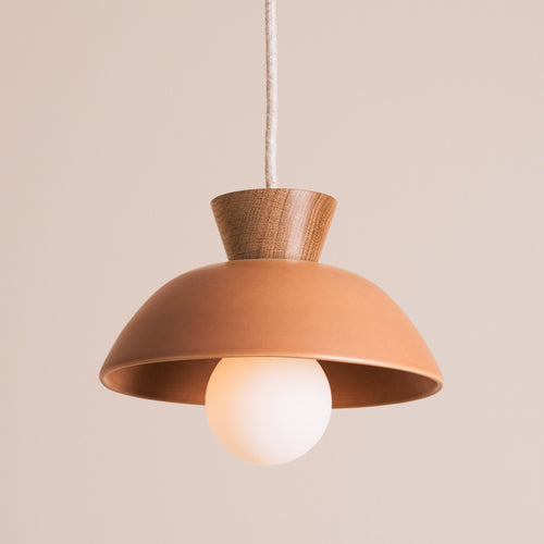 Terracotta Small Dawn Pendant Light in Ceramic and Oak