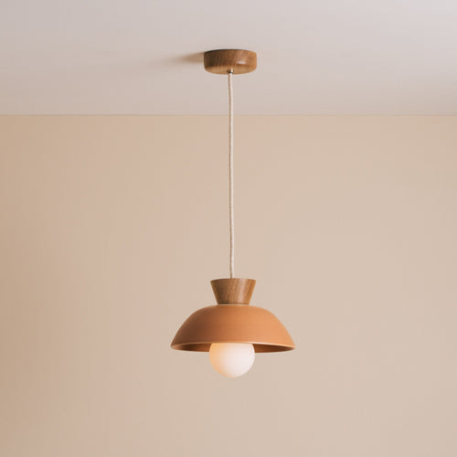 Terracotta Small Dawn Pendant Light in Ceramic and Oak