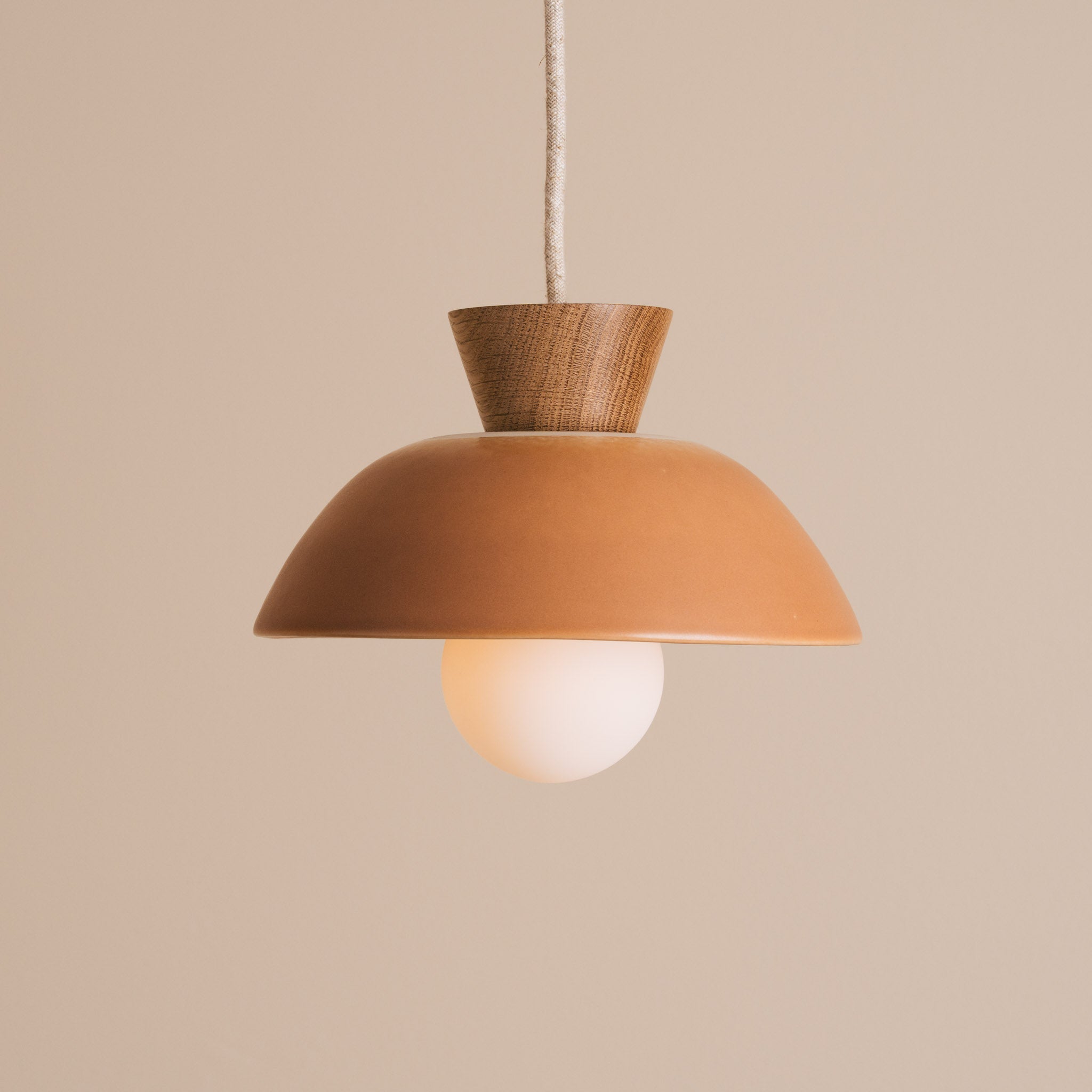 Terracotta Small Dawn Pendant Light in Ceramic and Oak