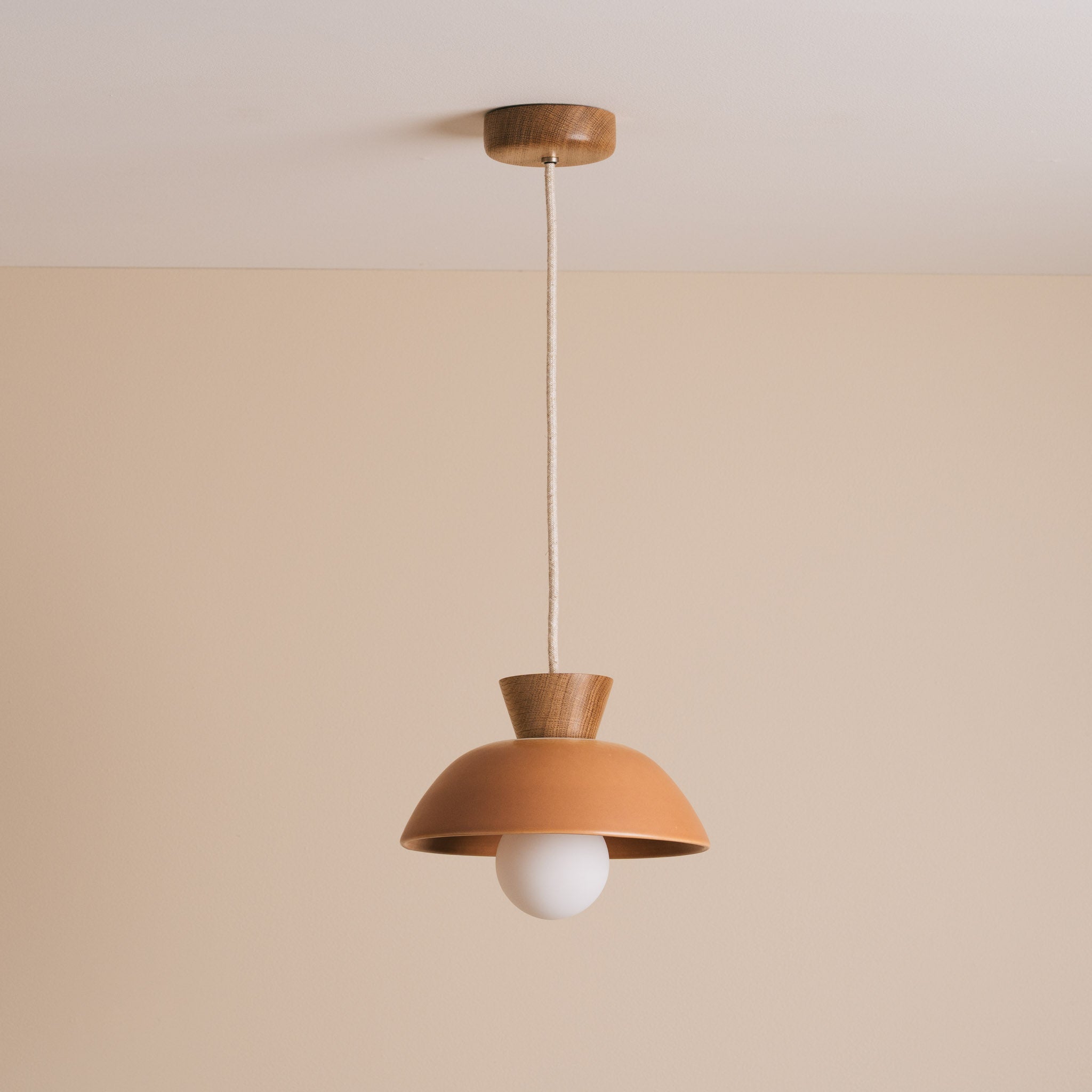 Terracotta Small Dawn Pendant Light in Ceramic and Oak