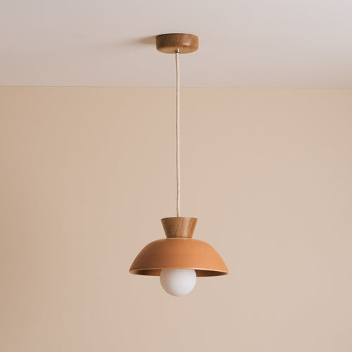 Terracotta Small Dawn Pendant Light in Ceramic and Oak
