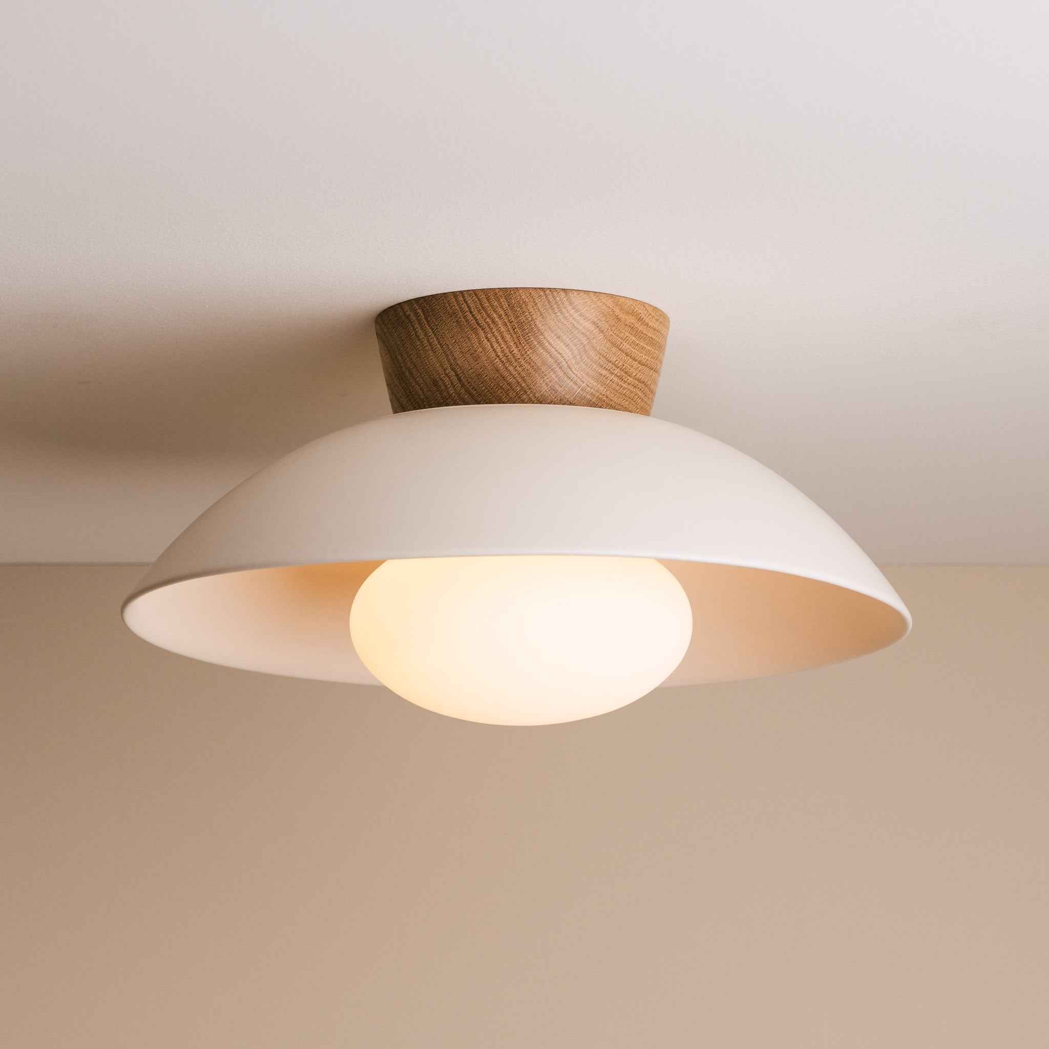 White Dawn Flush Mount Ceiling Light in Ceramic and Oak
