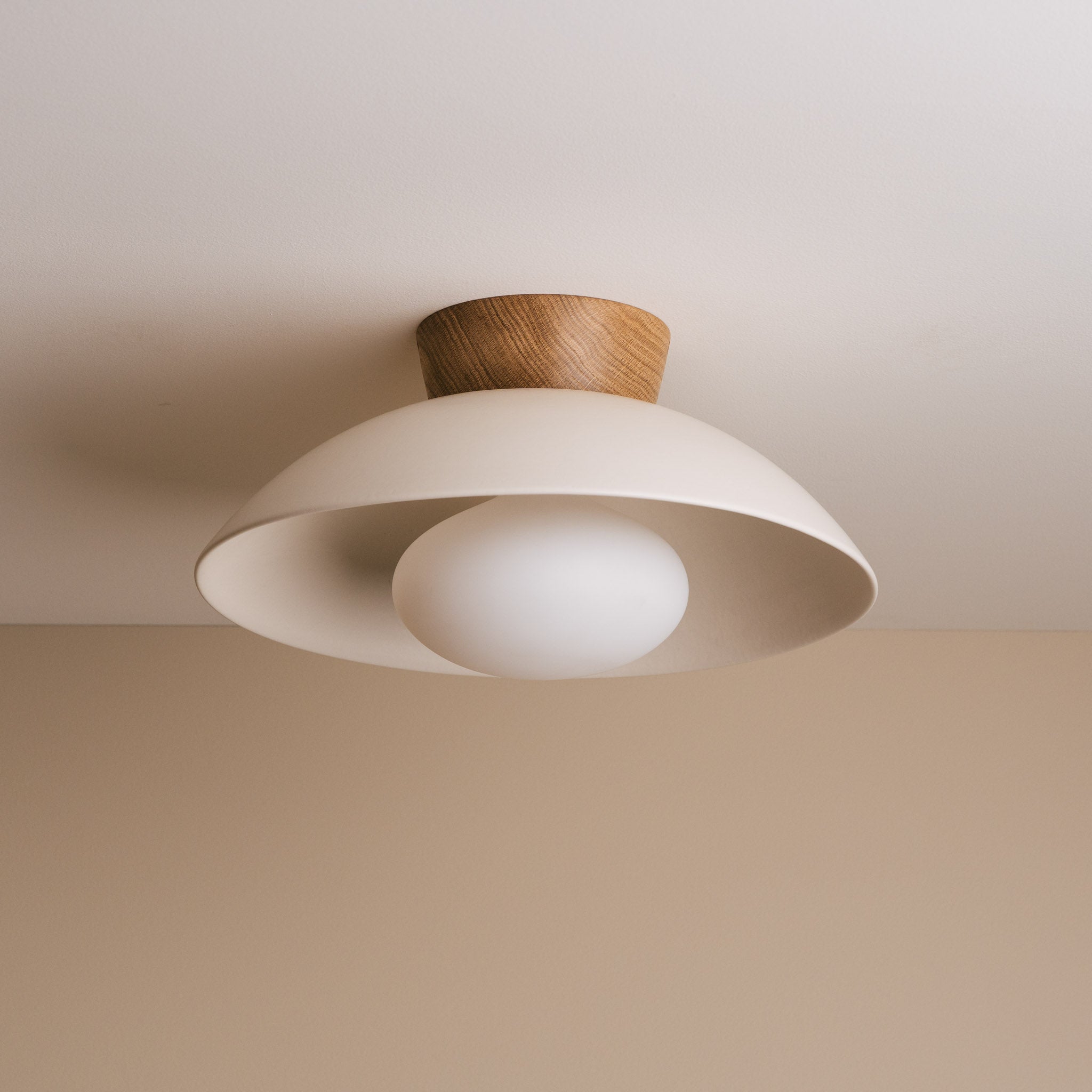 White Dawn Flush Mount Ceiling Light in Ceramic and Oak