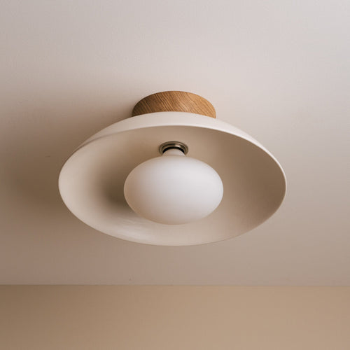 White Dawn Flush Mount Ceiling Light in Ceramic and Oak