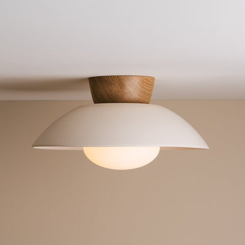 White Dawn Flush Mount Ceiling Light in Ceramic and Oak
