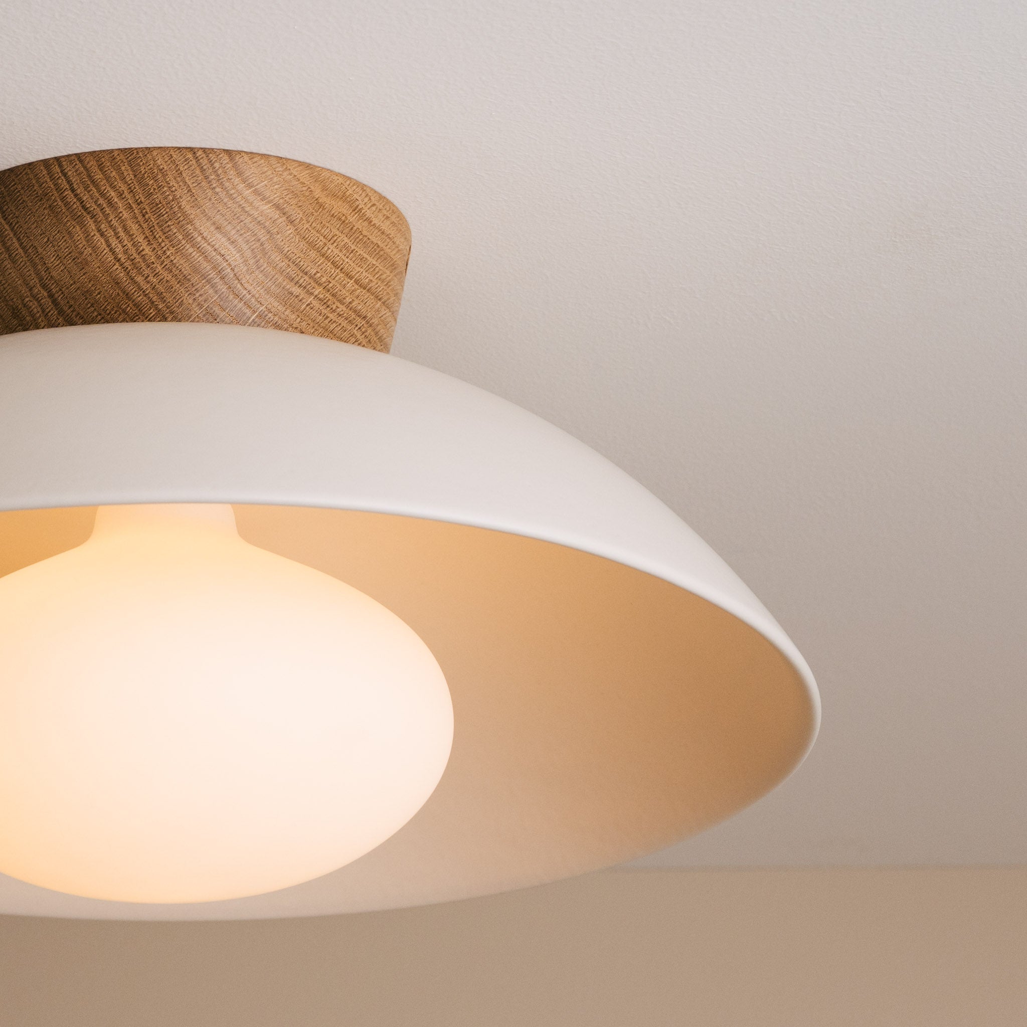 White Dawn Flush Mount Ceiling Light in Ceramic and Oak