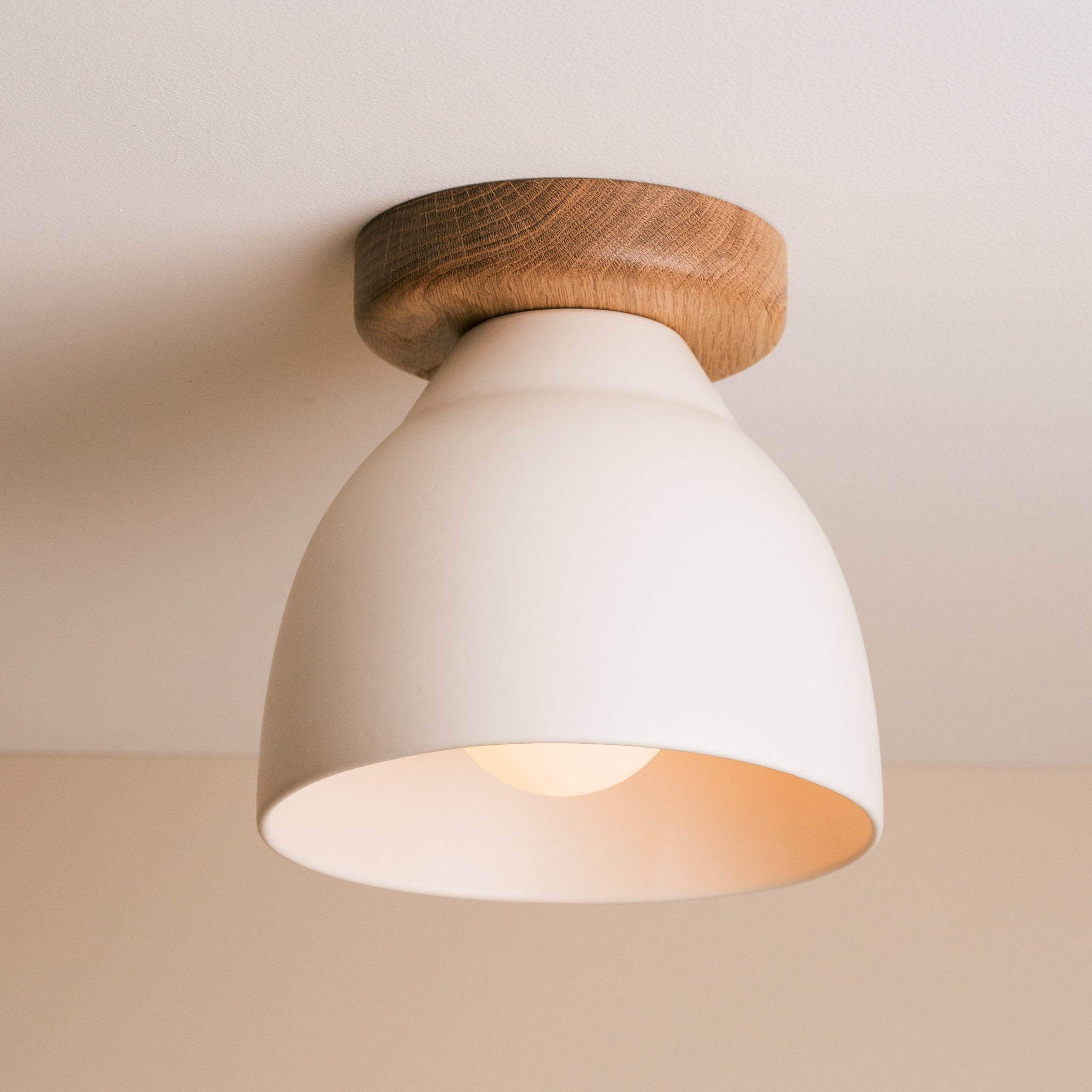 White Element Flush Mount Ceiling Light in Ceramic and Oak