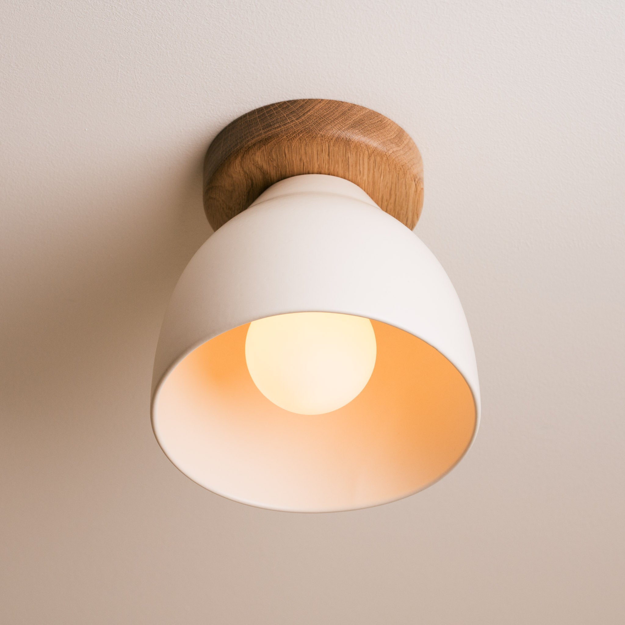 White Element Flush Mount Ceiling Light in Ceramic and Oak
