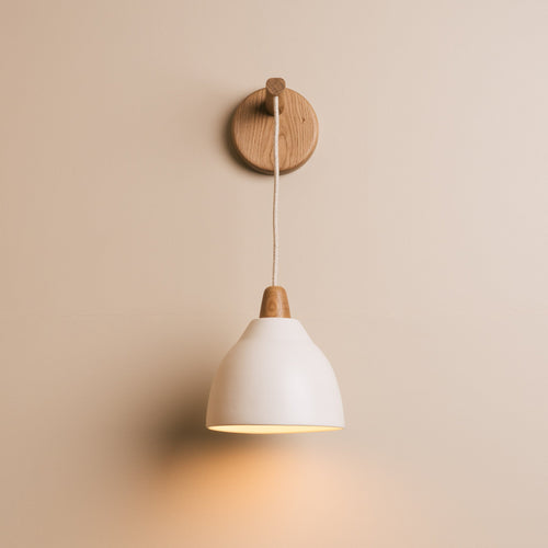 White Element Hanging Wall Light in Ceramic and Oak
