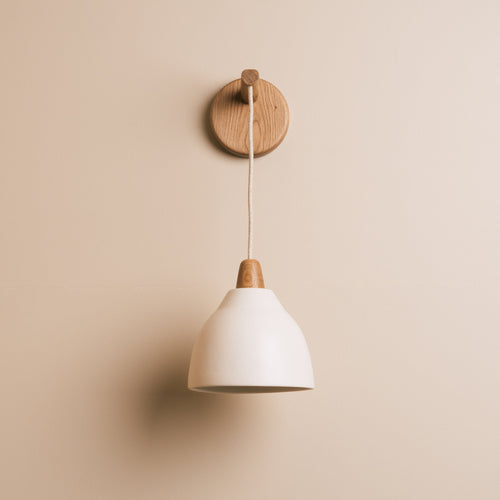 White Element Hanging Wall Light in Ceramic and Oak