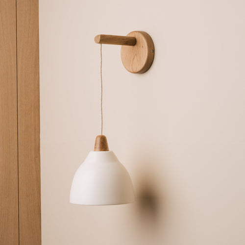 White Element Hanging Wall Light in Ceramic and Oak