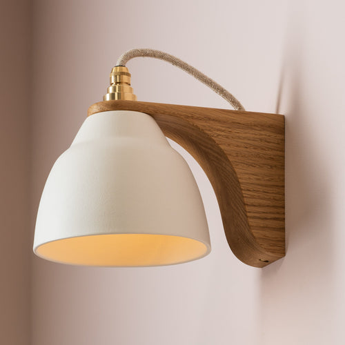 White Right-Angle Element Wall Light in Ceramic and Oak
