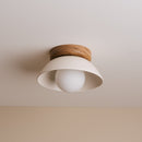 White Small Dawn Ceiling Light in Ceramic and Oak
