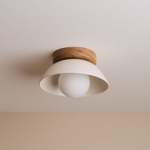 White Small Dawn Ceiling Light in Ceramic and Oak