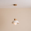 White Small Dawn Pendant Light in Ceramic and Oak