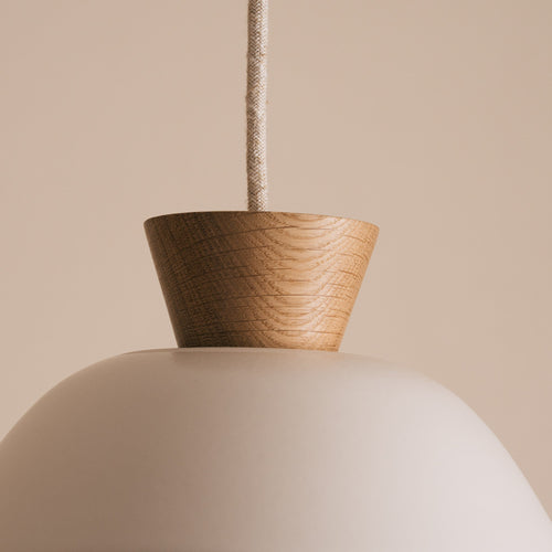 White Small Dawn Pendant Light in Ceramic and Oak
