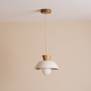 White Small Dawn Pendant Light in Ceramic and Oak