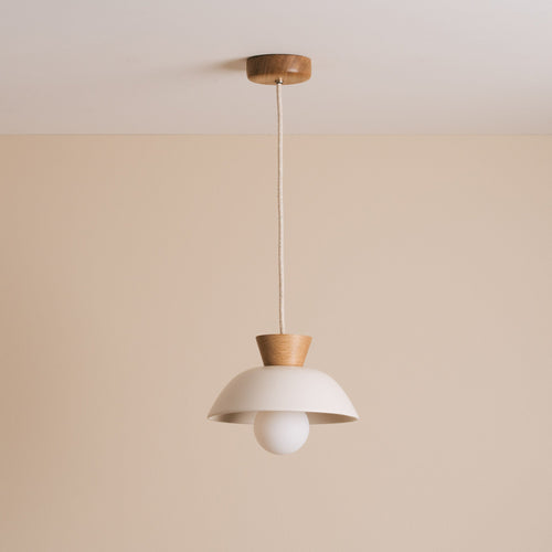 White Small Dawn Pendant Light in Ceramic and Oak