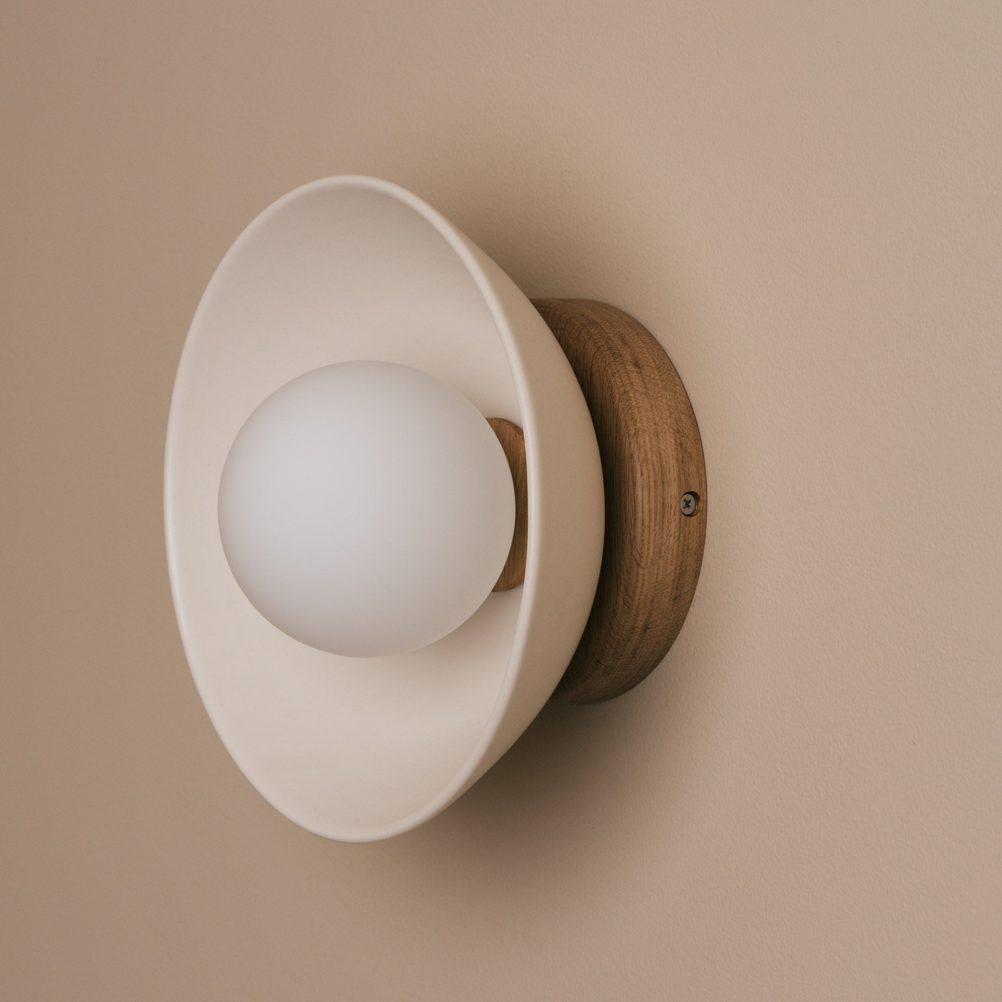 White Small Dawn Wall Light in Ceramic and Oak
