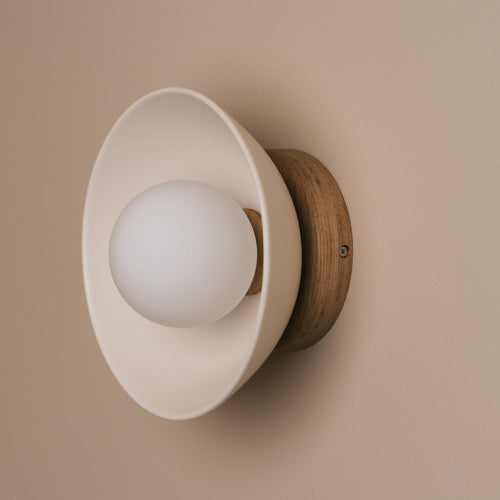 White Small Dawn Wall Light in Ceramic and Oak