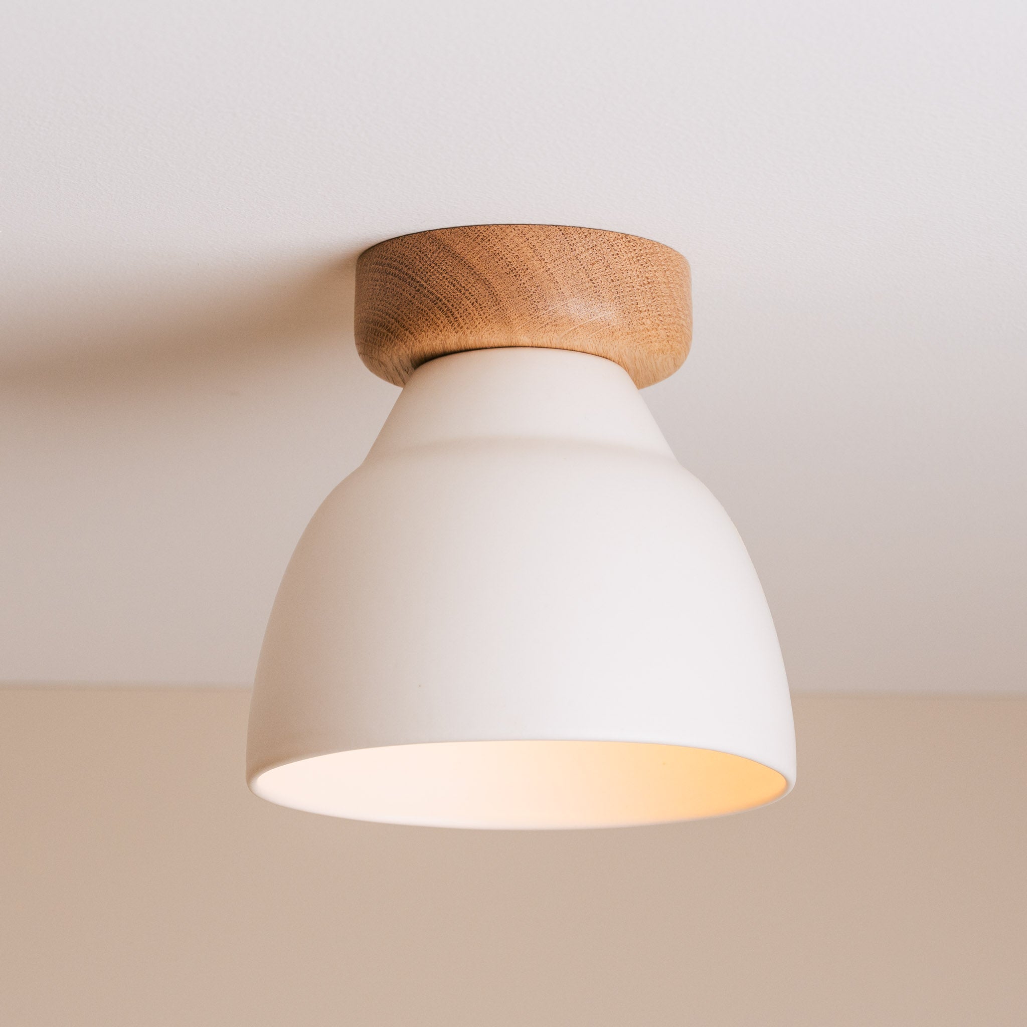 White Small Element Flush Mount Ceiling Light in Ceramic and Oak