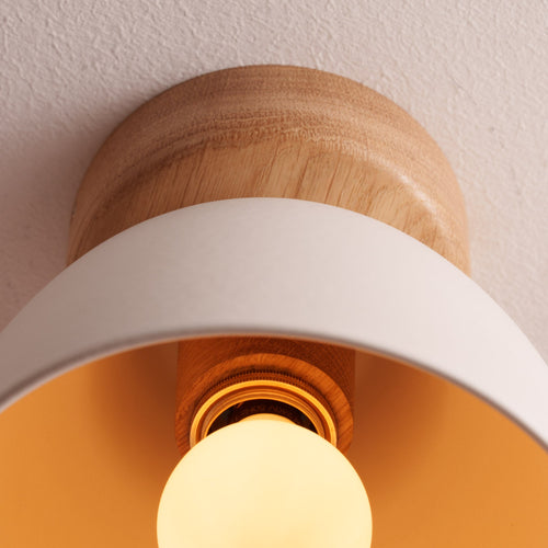 White Small Element Flush Mount Ceiling Light in Ceramic and Oak