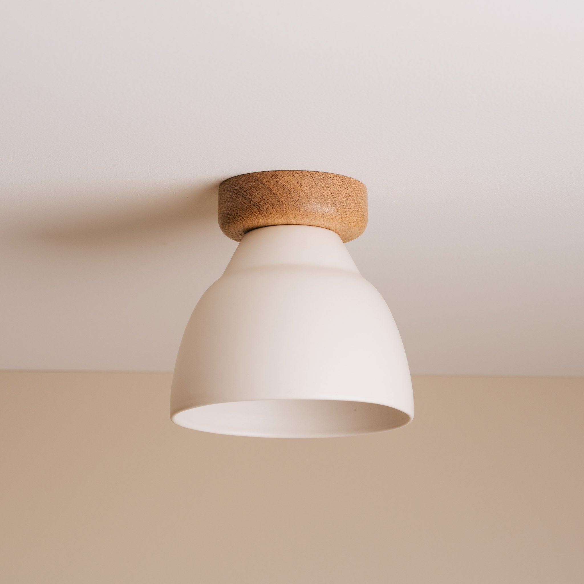 White Small Element Flush Mount Ceiling Light in Ceramic and Oak