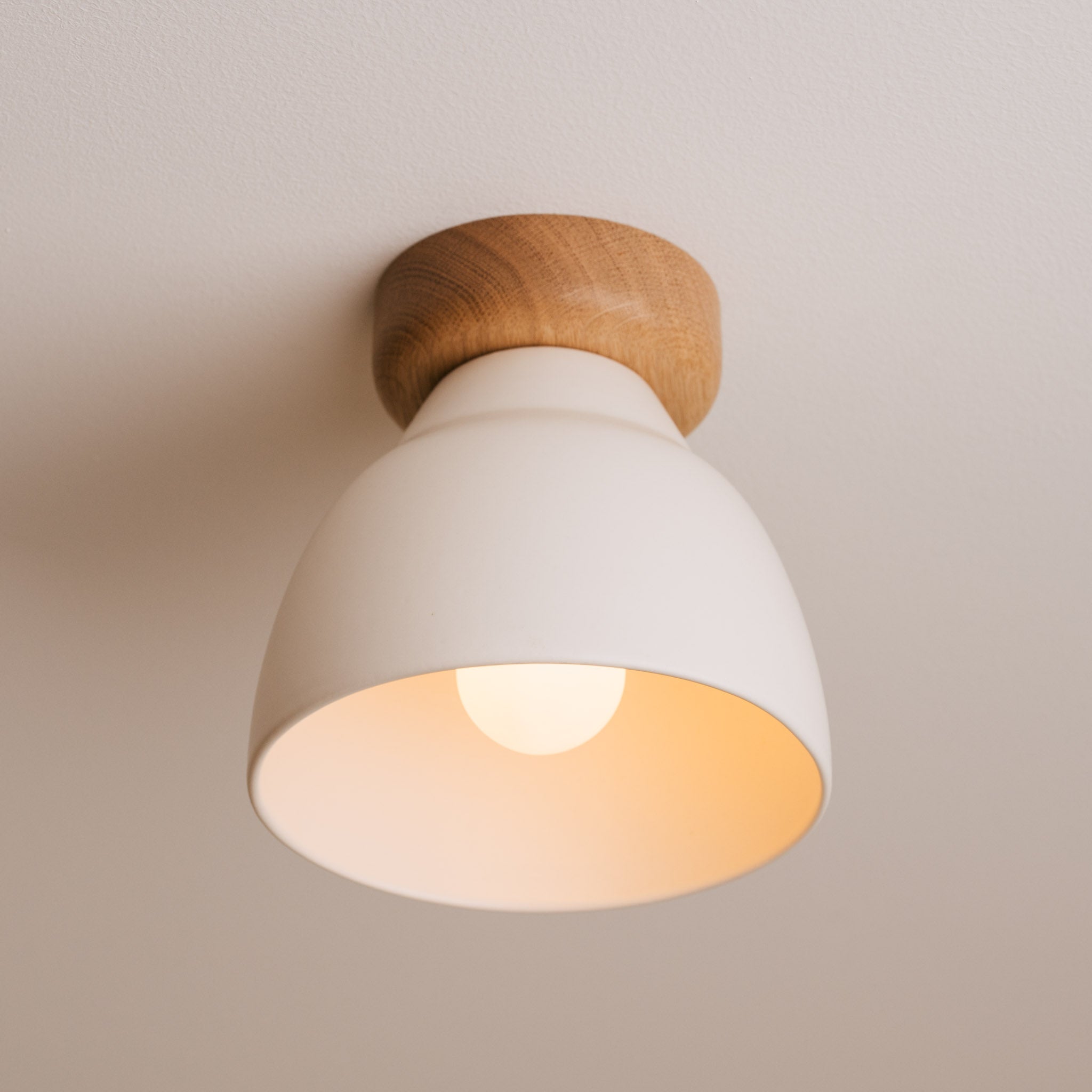 White Small Element Flush Mount Ceiling Light in Ceramic and Oak