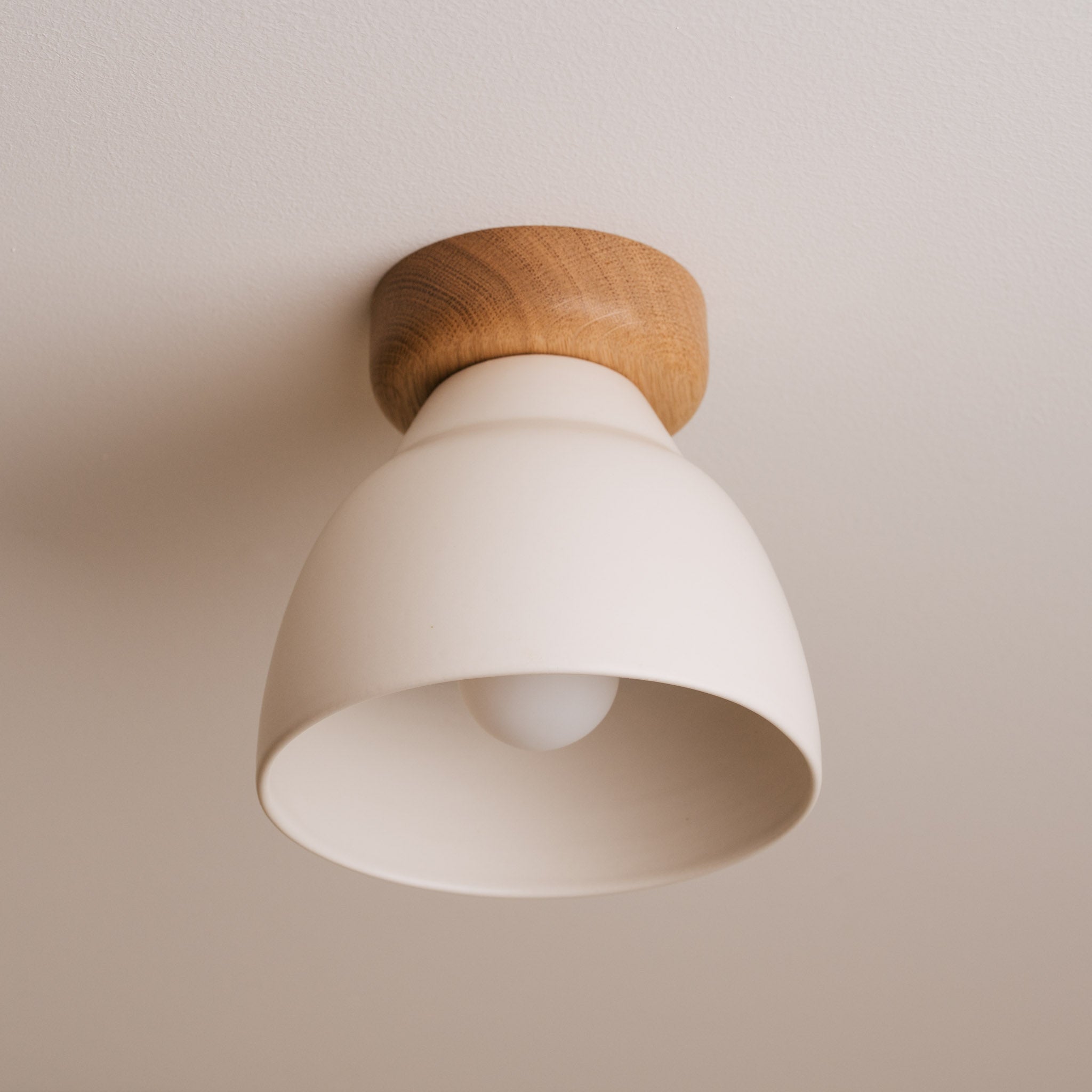 White Small Element Flush Mount Ceiling Light in Ceramic and Oak