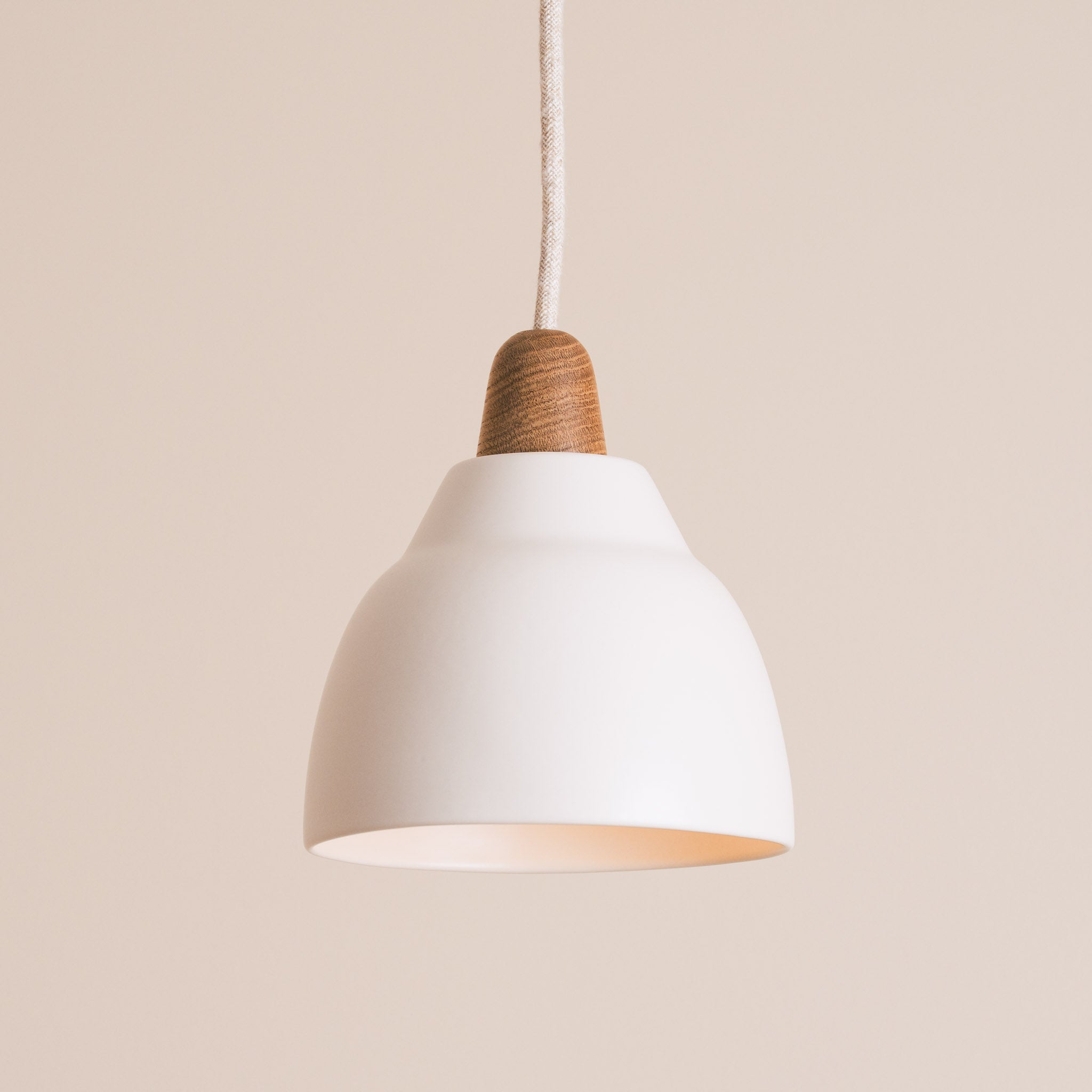 Small White Element Pendant Light in Ceramic and Oak