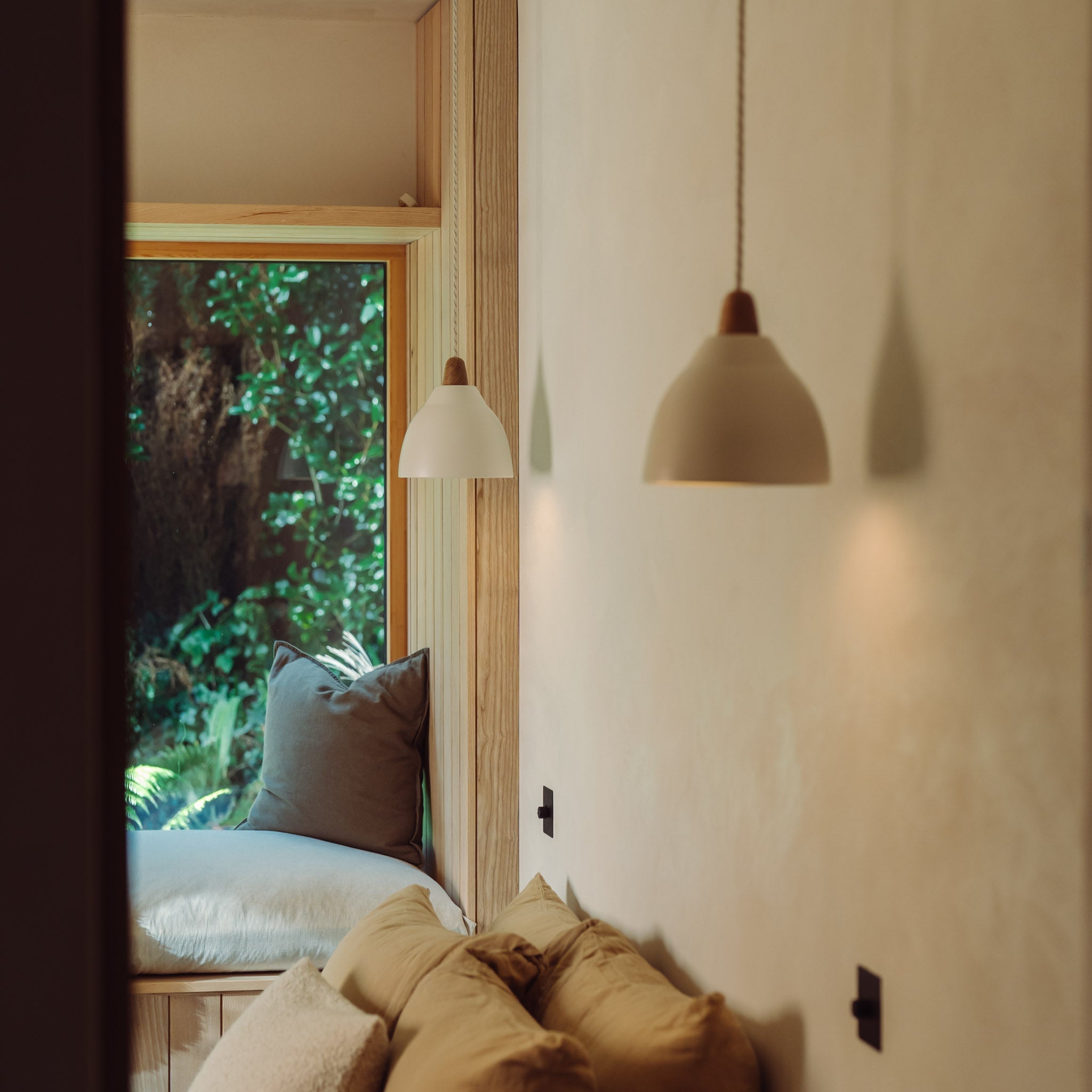 Small White Element Pendant Light in Ceramic and Oak