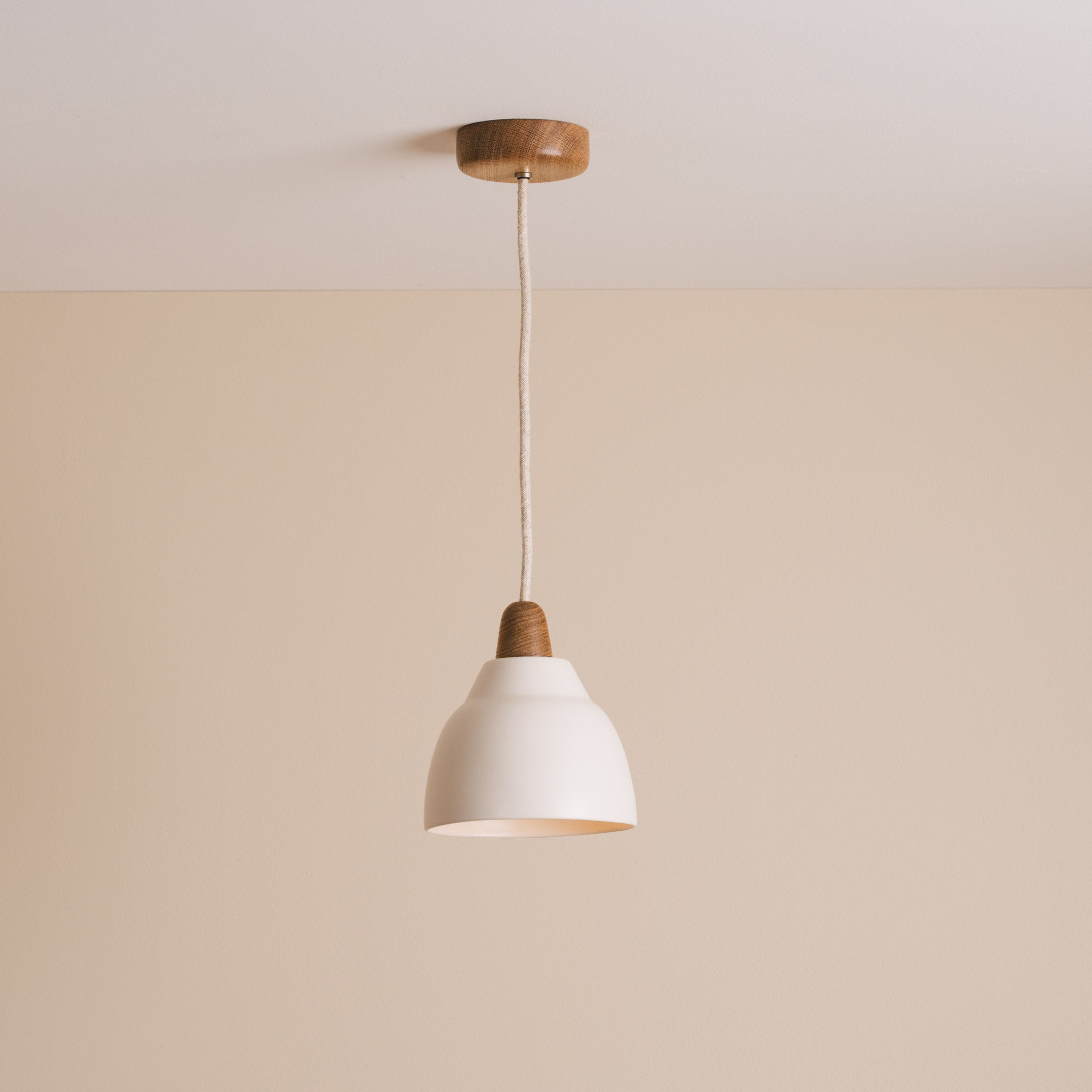 Small White Element Pendant Light in Ceramic and Oak