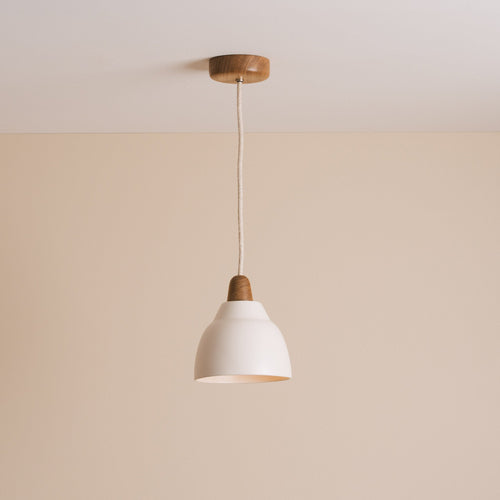 Small White Element Pendant Light in Ceramic and Oak