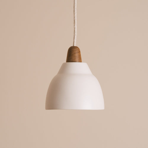 Small White Element Pendant Light in Ceramic and Oak