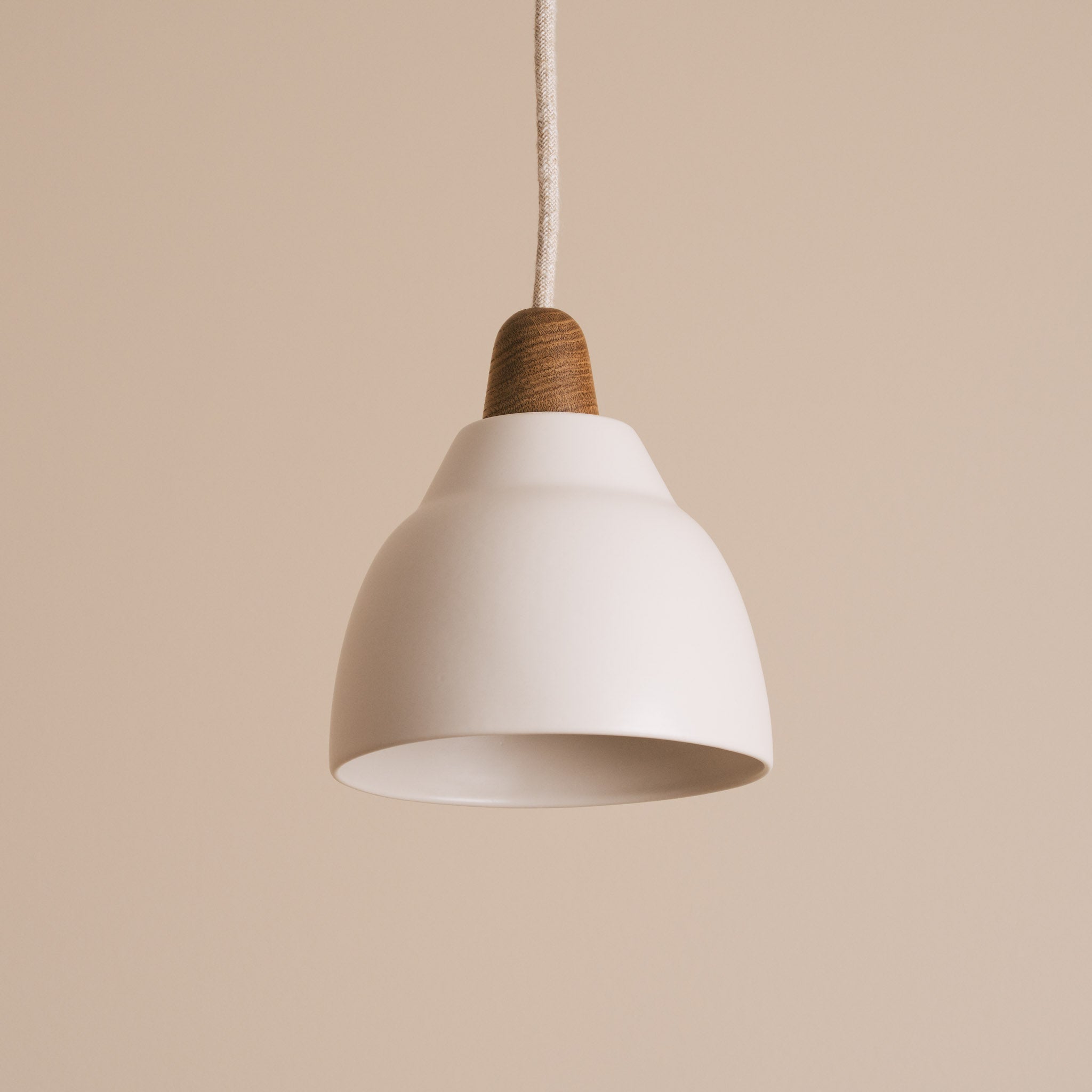 Small White Element Pendant Light in Ceramic and Oak