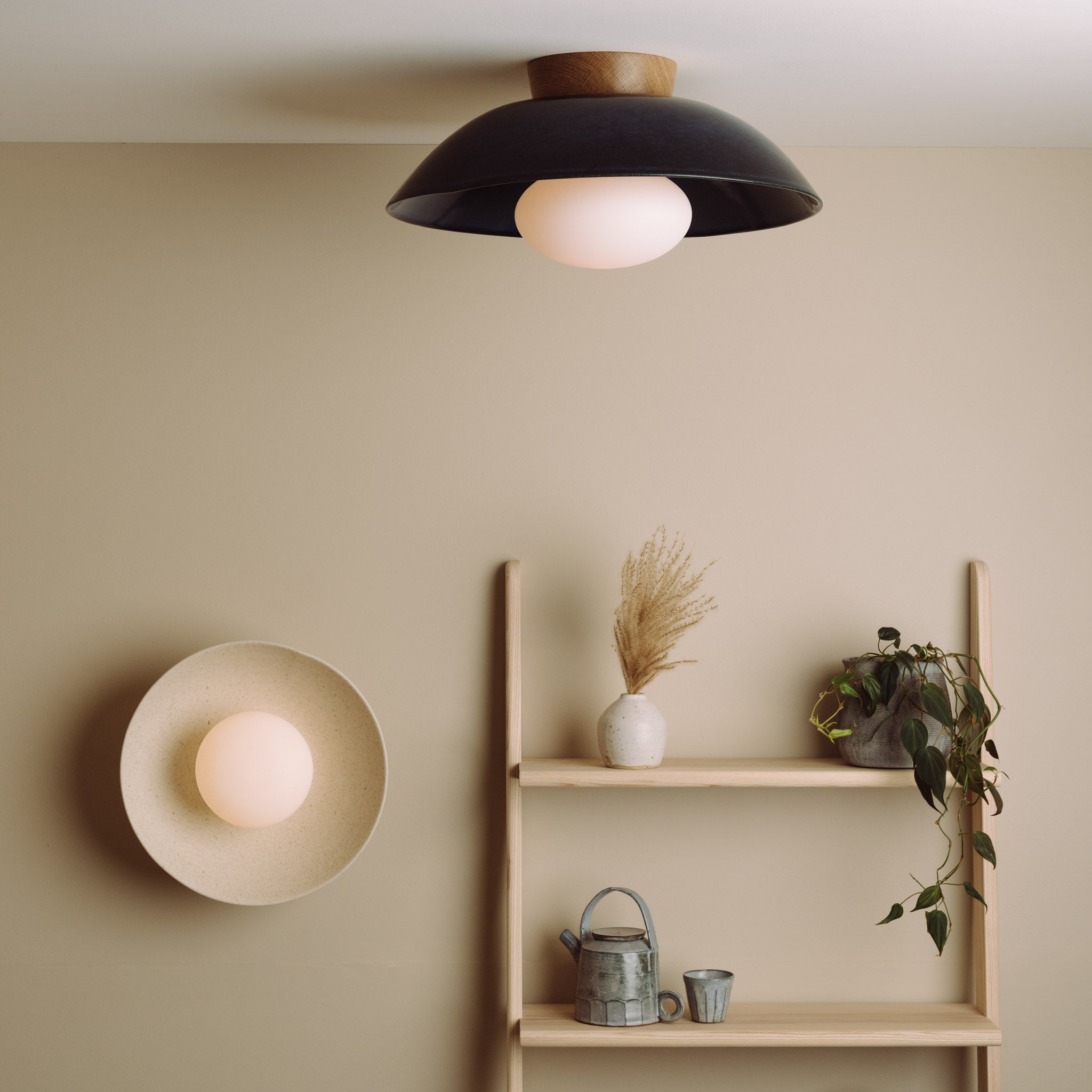 Blue XL Dawn Flush Mount Ceiling Light in Ceramic and Oak