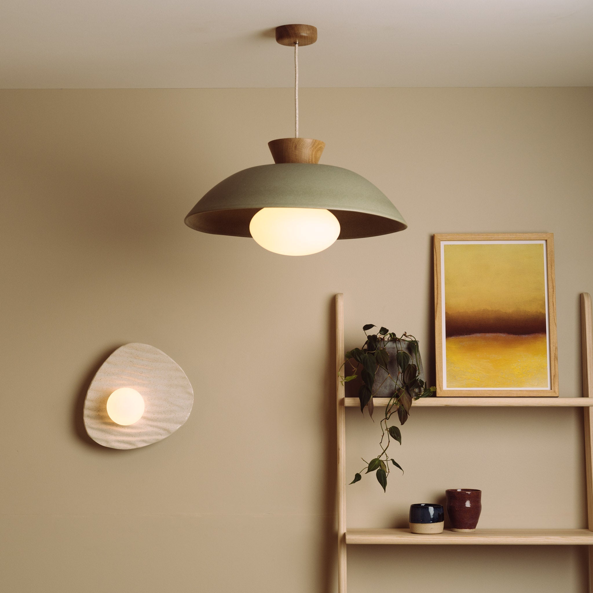 Green XL Dawn Pendant Light in Ceramic and Oak