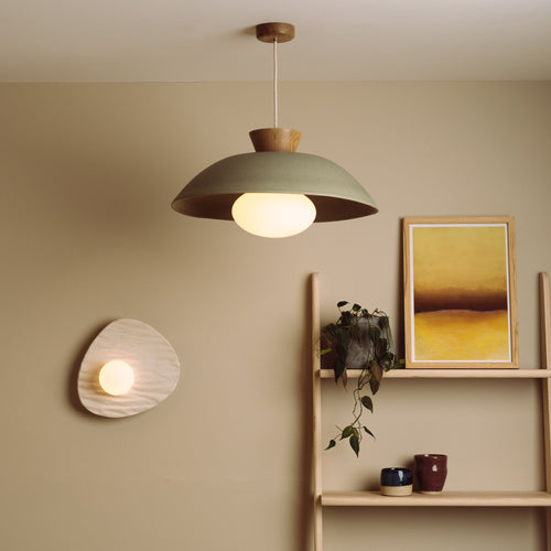 Green XL Dawn Pendant Light in Ceramic and Oak